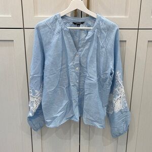 CHARLIE B Blue Blouse with Lace Sleeves